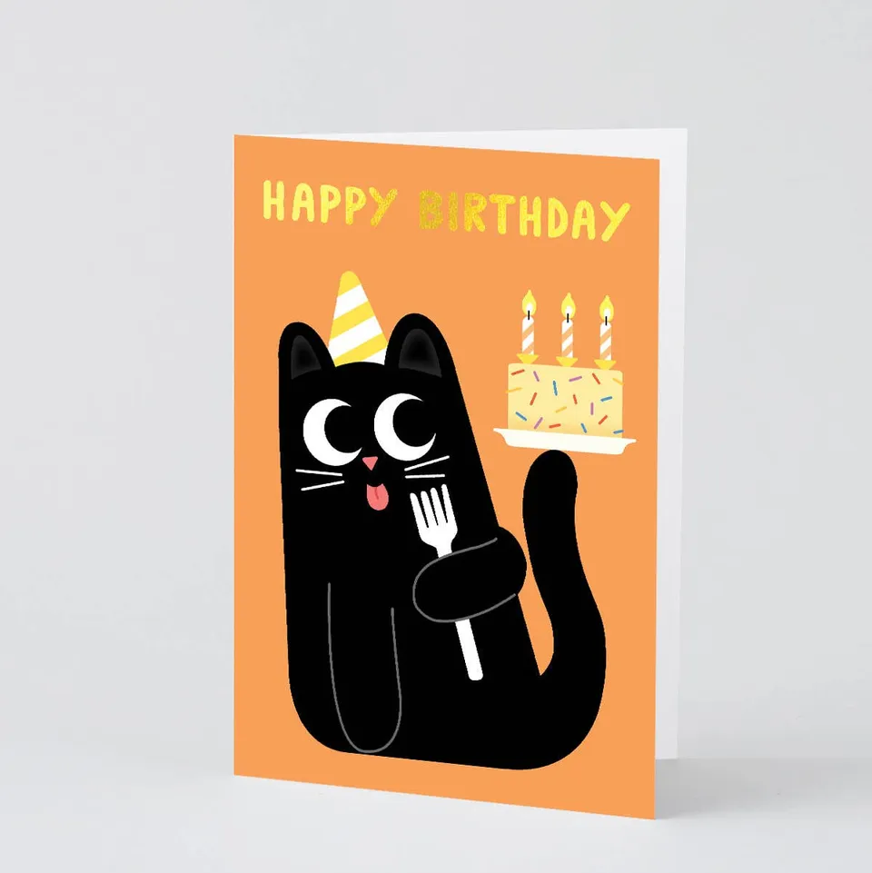 dubblefilm-happy-birthday-cat-cake-gru-karte-goldfolie-umschlag image 1